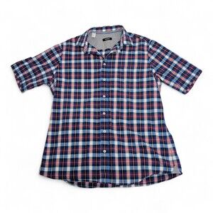 Walbusch Men's Blue Plaid Short-Sleeve Button-Down Shirt L